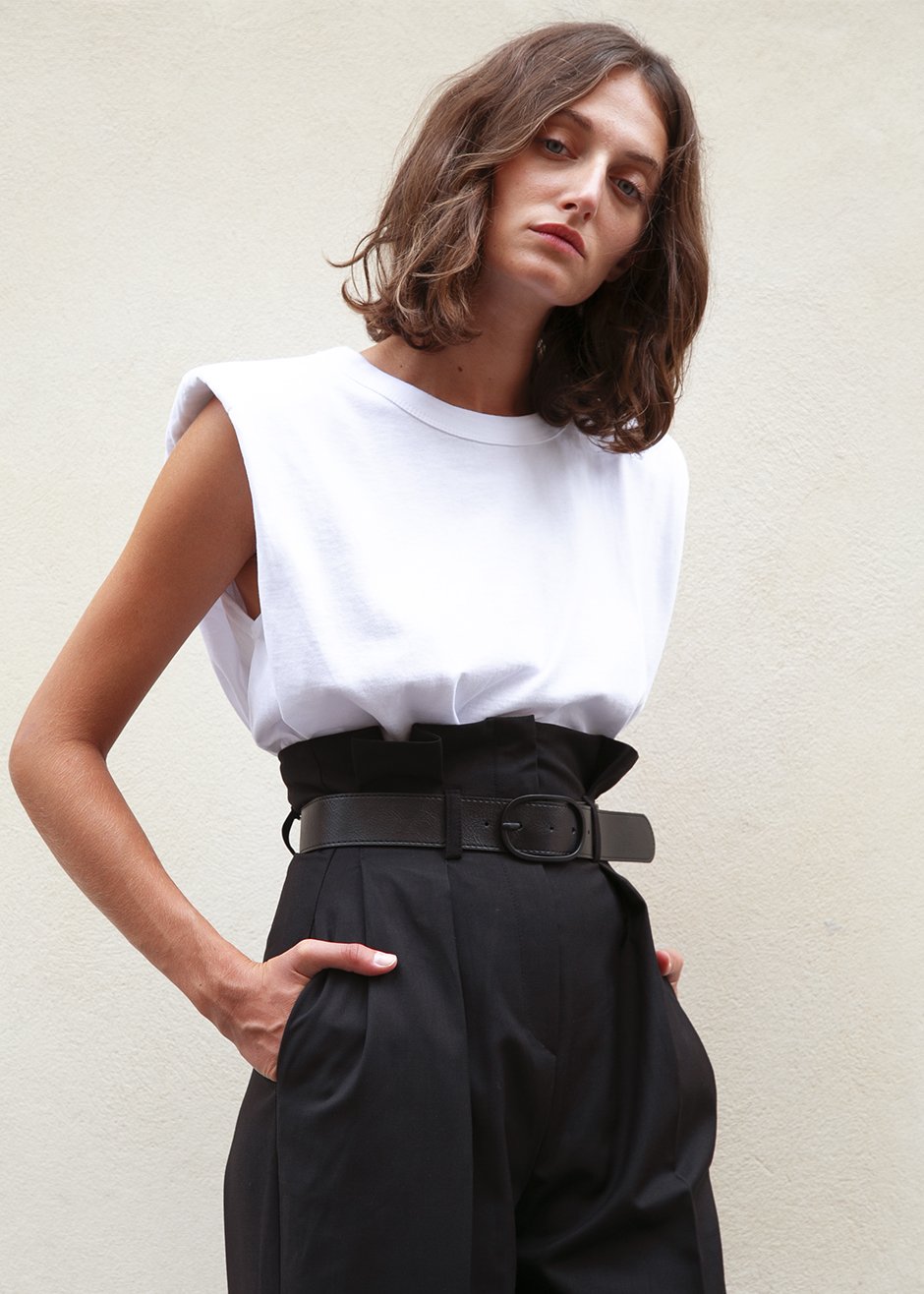 FRANKIE_IMG_5625_Sleeveless_Shoulder_Padded_Tee_White